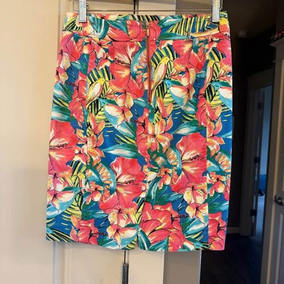 Women’s LOFT Bright Blue, Pink, Yellow Tropical Patterned Pencil Skirt-Size 2 - Picture 5 of 9